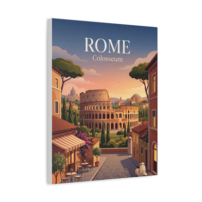 Matte canvas print featuring Colosseum in Rome with buildings, trees, sunset sky