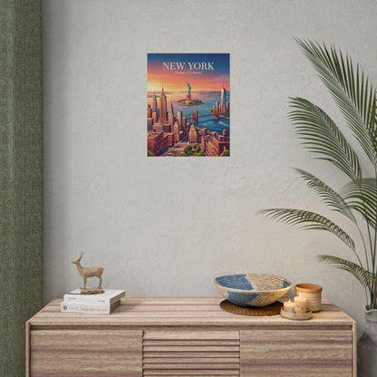 Small wall poster featuring New York skyline and Statue of Liberty at dusk