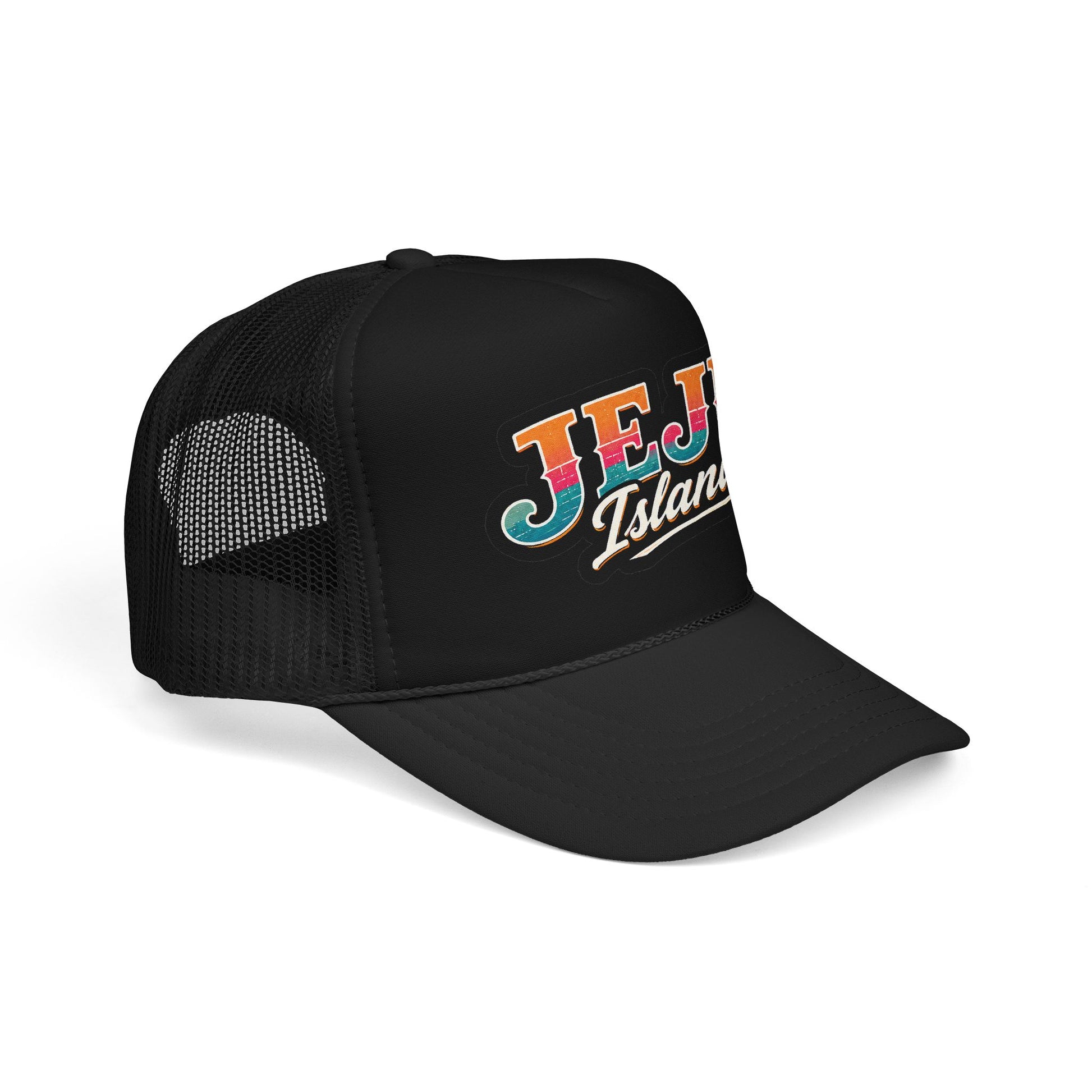 Foam trucker hat, black crown with black mesh and Jeju Island logo