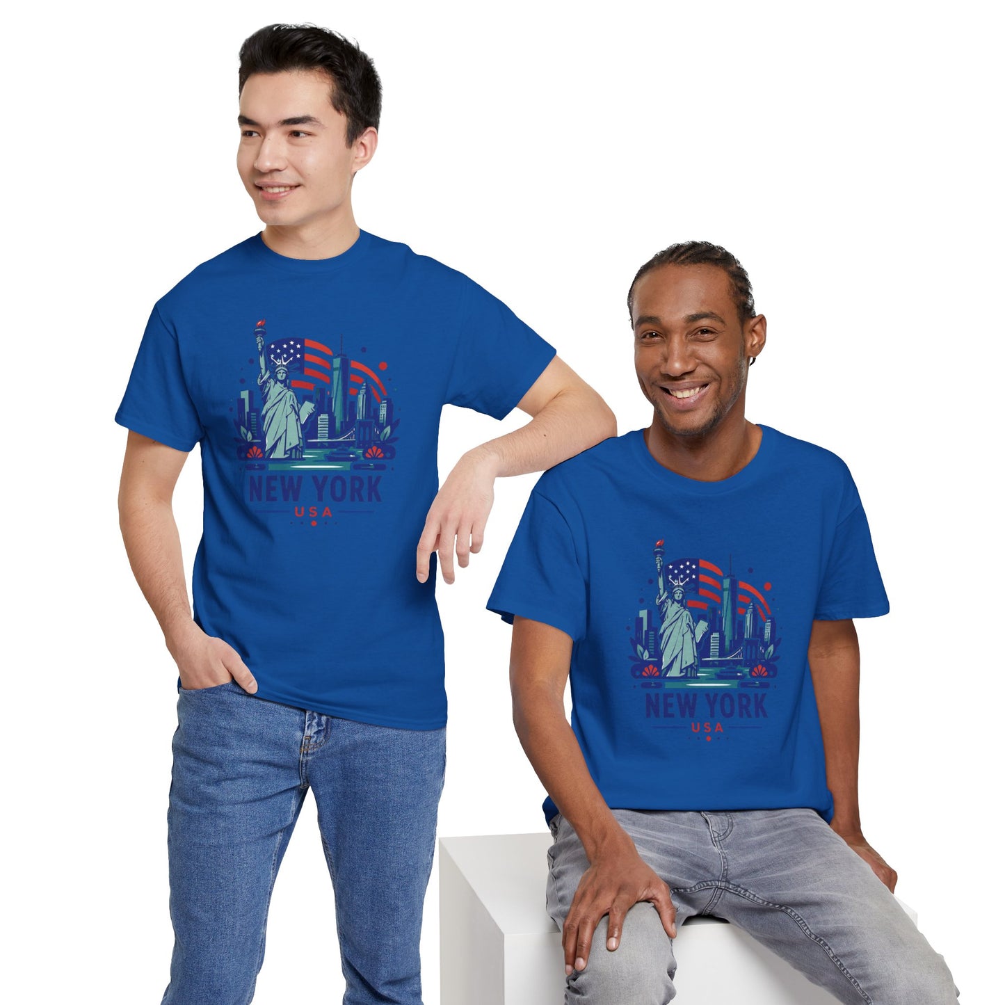 Blue graphic T-shirt with Statue of Liberty illustration and “NEW YORK USA” print