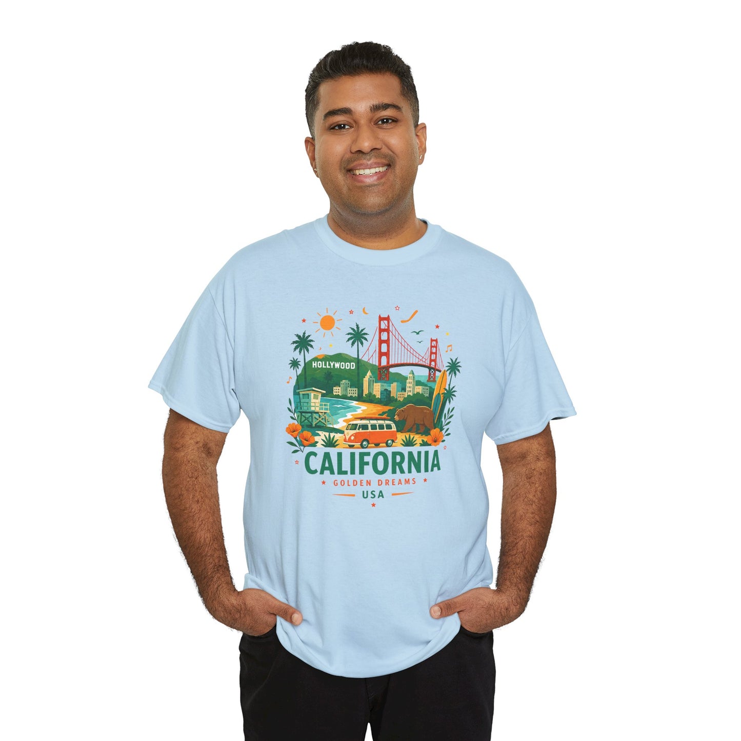 Light blue short-sleeve T-shirt with California skyline graphic