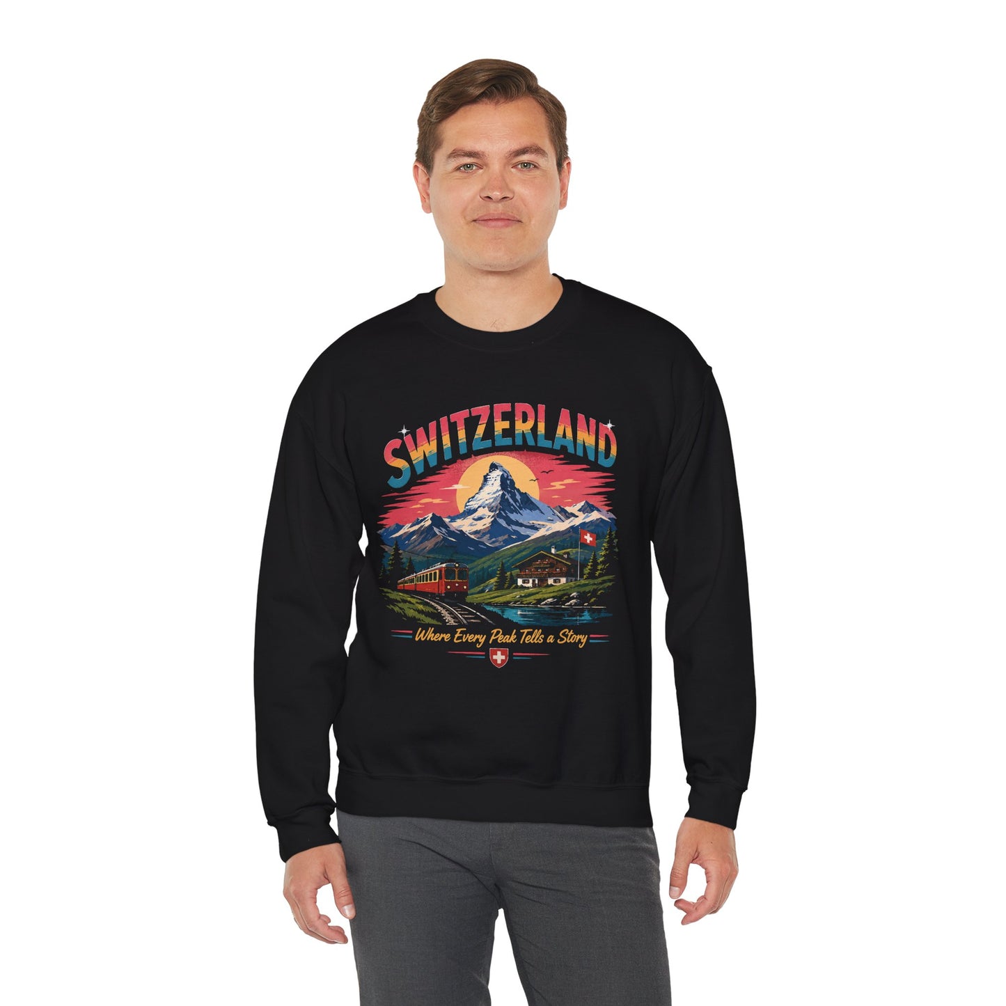 Black crewneck sweatshirt with Switzerland graphic print on front, worn by model