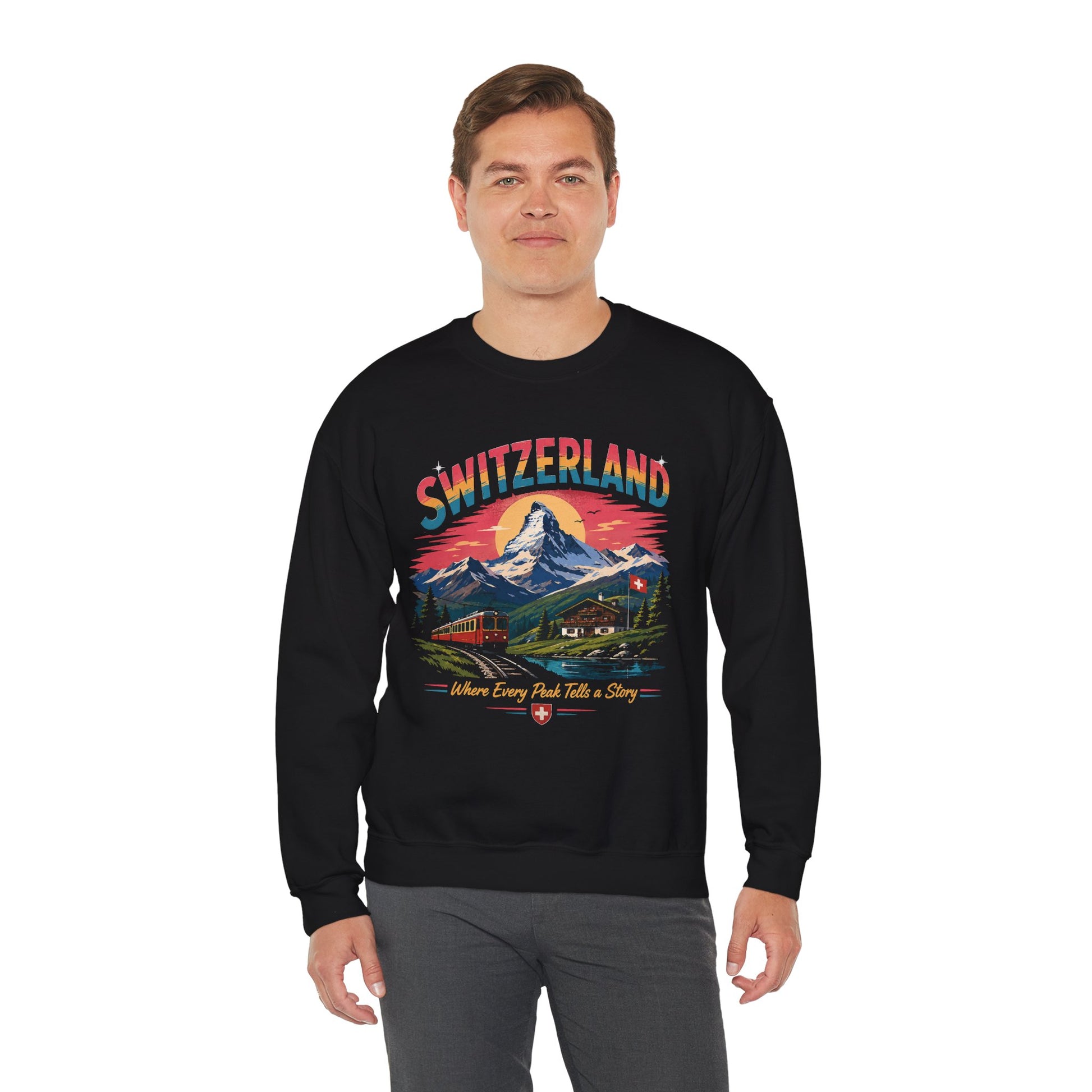 Black crewneck sweatshirt with Switzerland graphic print on front, worn by model