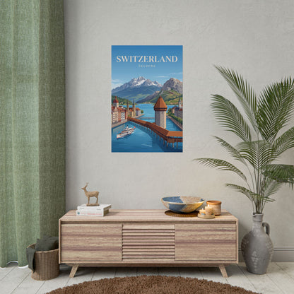 Lucerne Switzerland poster on wall featuring blue lake, mountains, and tower bridge