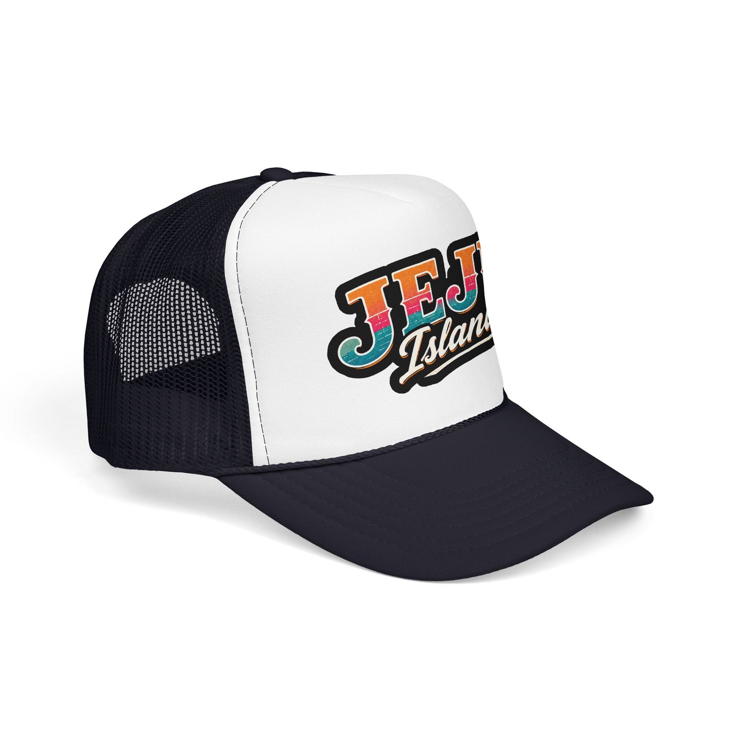 Foam trucker hat with black mesh back, white front panel, and embroidered logo