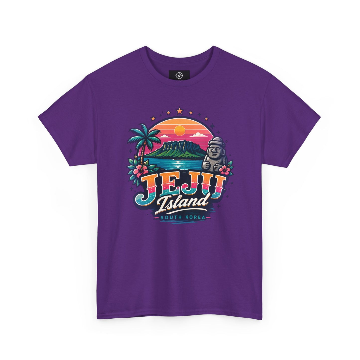 Purple T-shirt with colorful island sunset graphic print on the chest