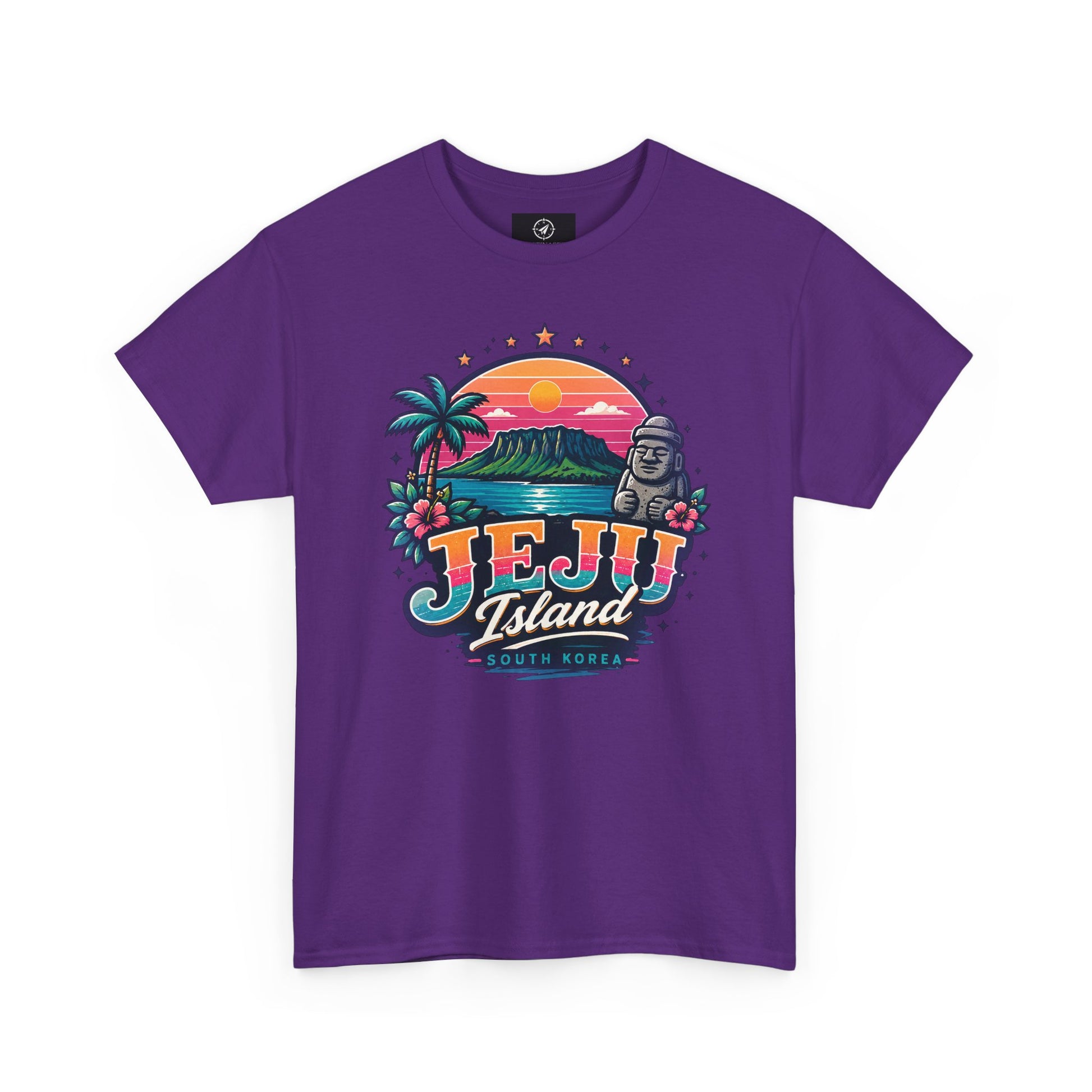 Purple T-shirt with colorful island sunset graphic print on the chest