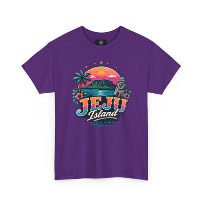 Purple T-shirt with colorful island sunset graphic print on the chest