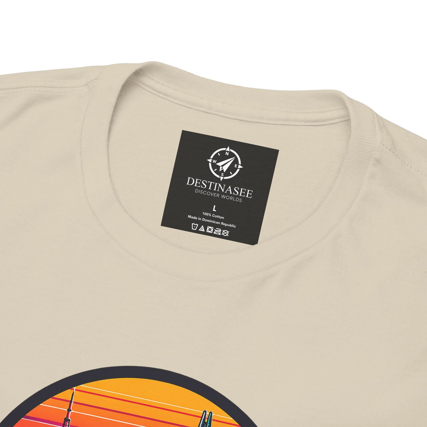 Beige T-shirt with crew neck and small back neck label, plus partial circular graphic