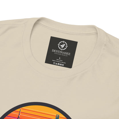 Beige T-shirt with crew neck and small back neck label, plus partial circular graphic