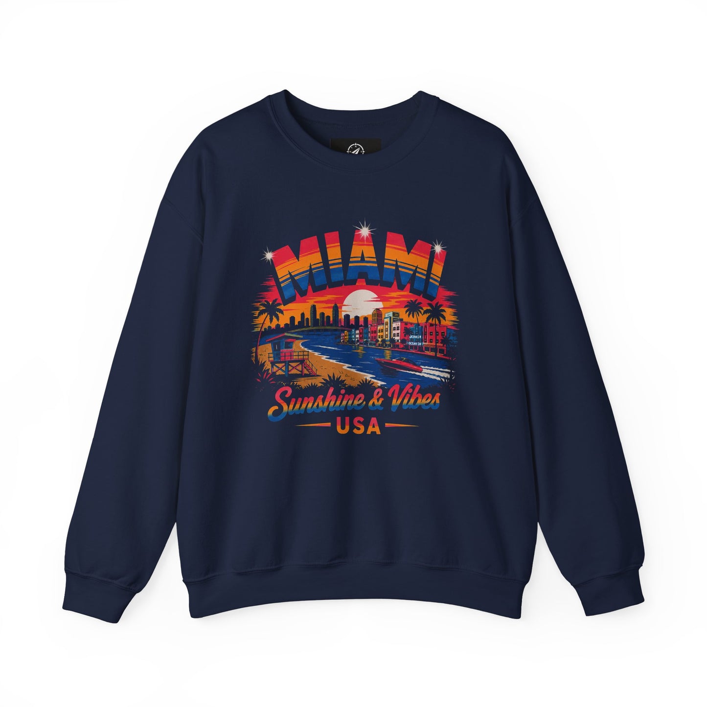 Navy crewneck sweatshirt with Miami skyline graphic and Sunshine & Vibes USA print