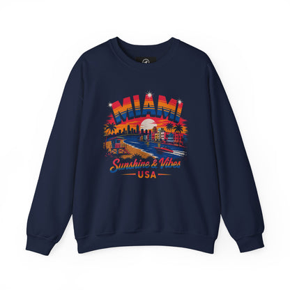 Navy crewneck sweatshirt with Miami skyline graphic and Sunshine & Vibes USA print