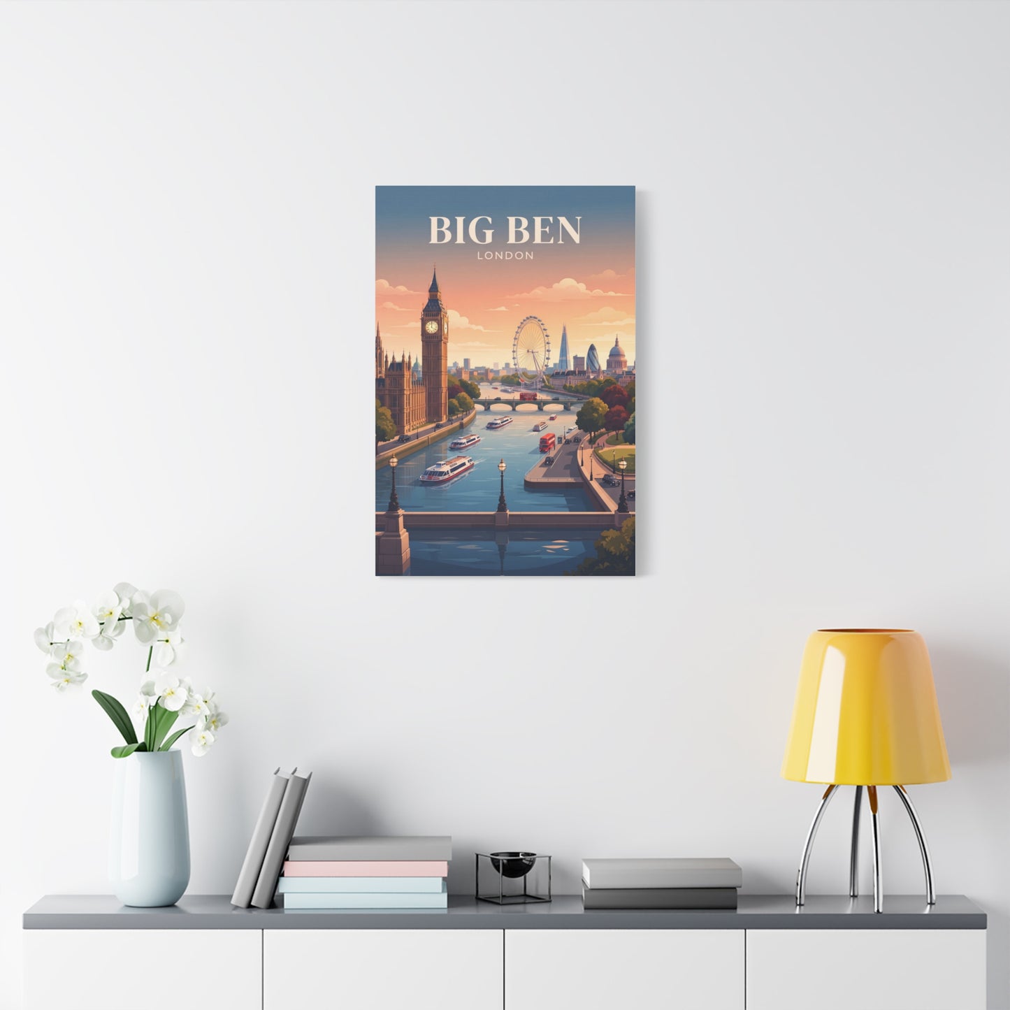 Small matte canvas wall art featuring Big Ben tower, “BIG BEN LONDON” title, sunset skyline