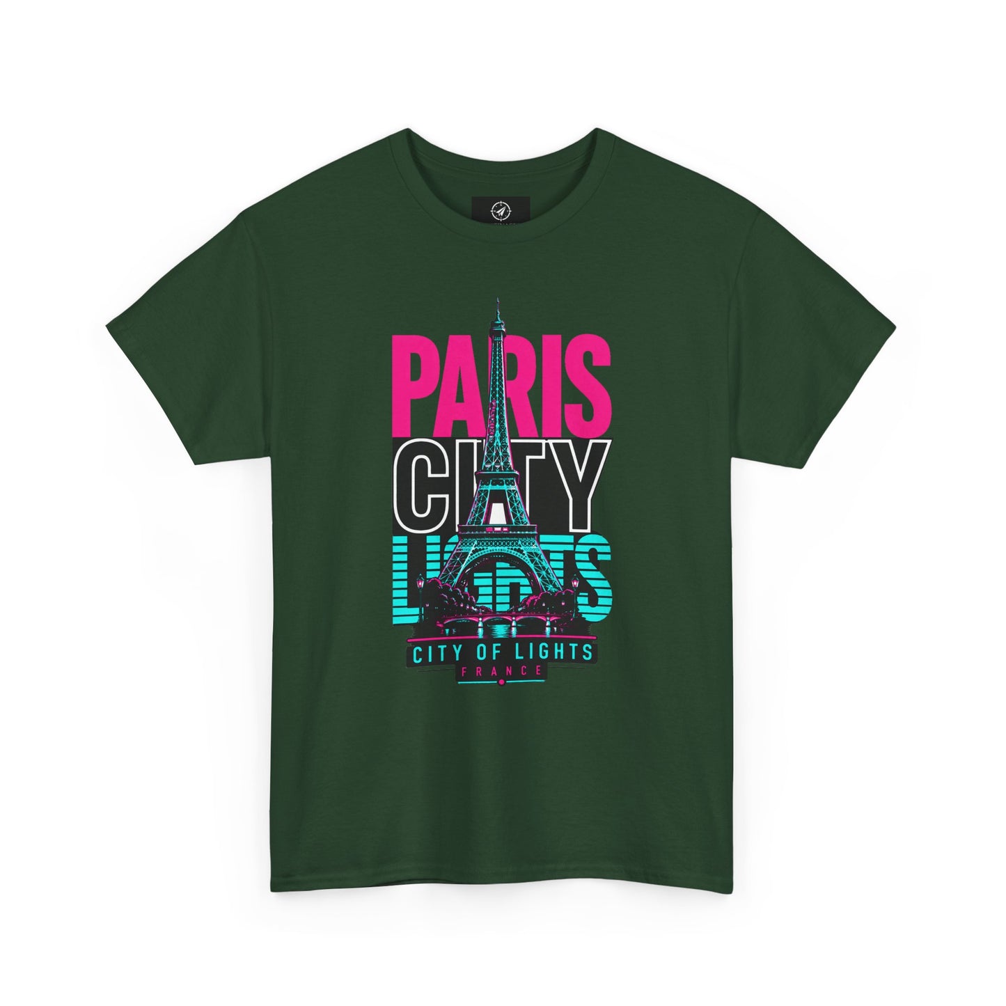 Forest green T-shirt with neon Eiffel Tower graphic and 'PARIS CITY LIGHTS' print