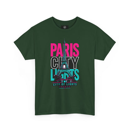 Forest green T-shirt with neon Eiffel Tower graphic and 'PARIS CITY LIGHTS' print