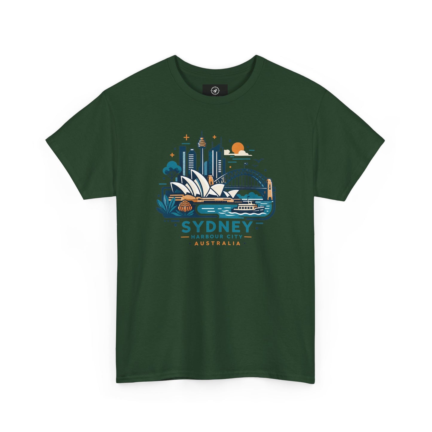 Forest green short-sleeve t-shirt with Sydney cityscape graphic on the chest