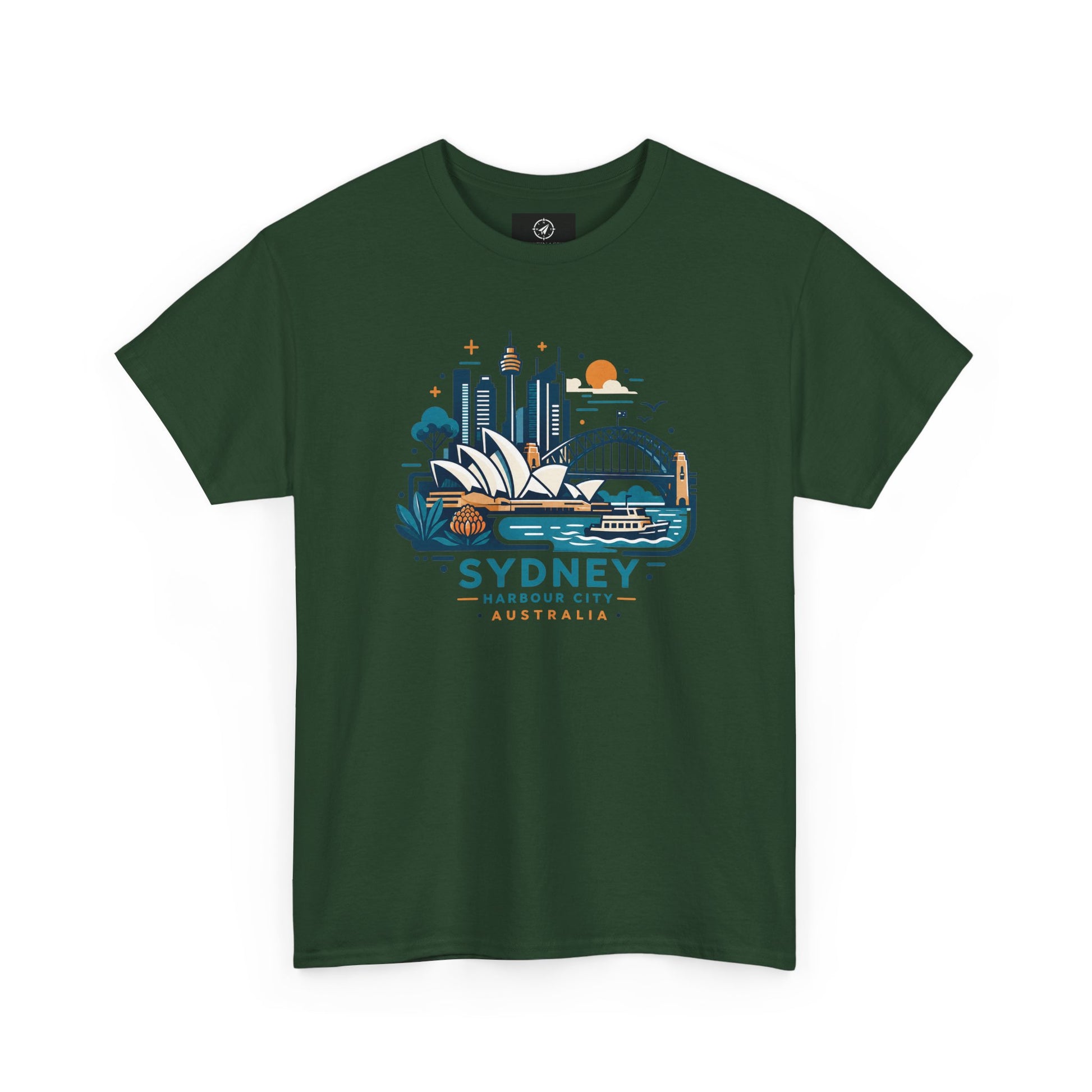 Forest green short-sleeve t-shirt with Sydney cityscape graphic on the chest