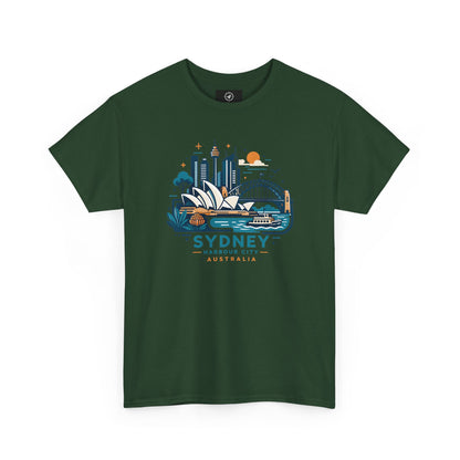 Forest green short-sleeve t-shirt with Sydney cityscape graphic on the chest