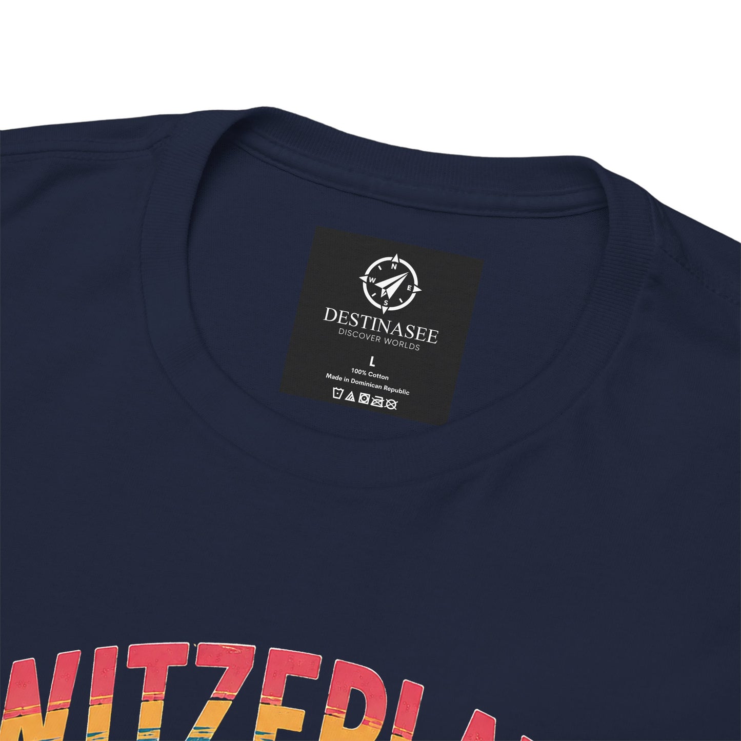 Navy T-shirt neckline with size tag and partial front logo graphic.