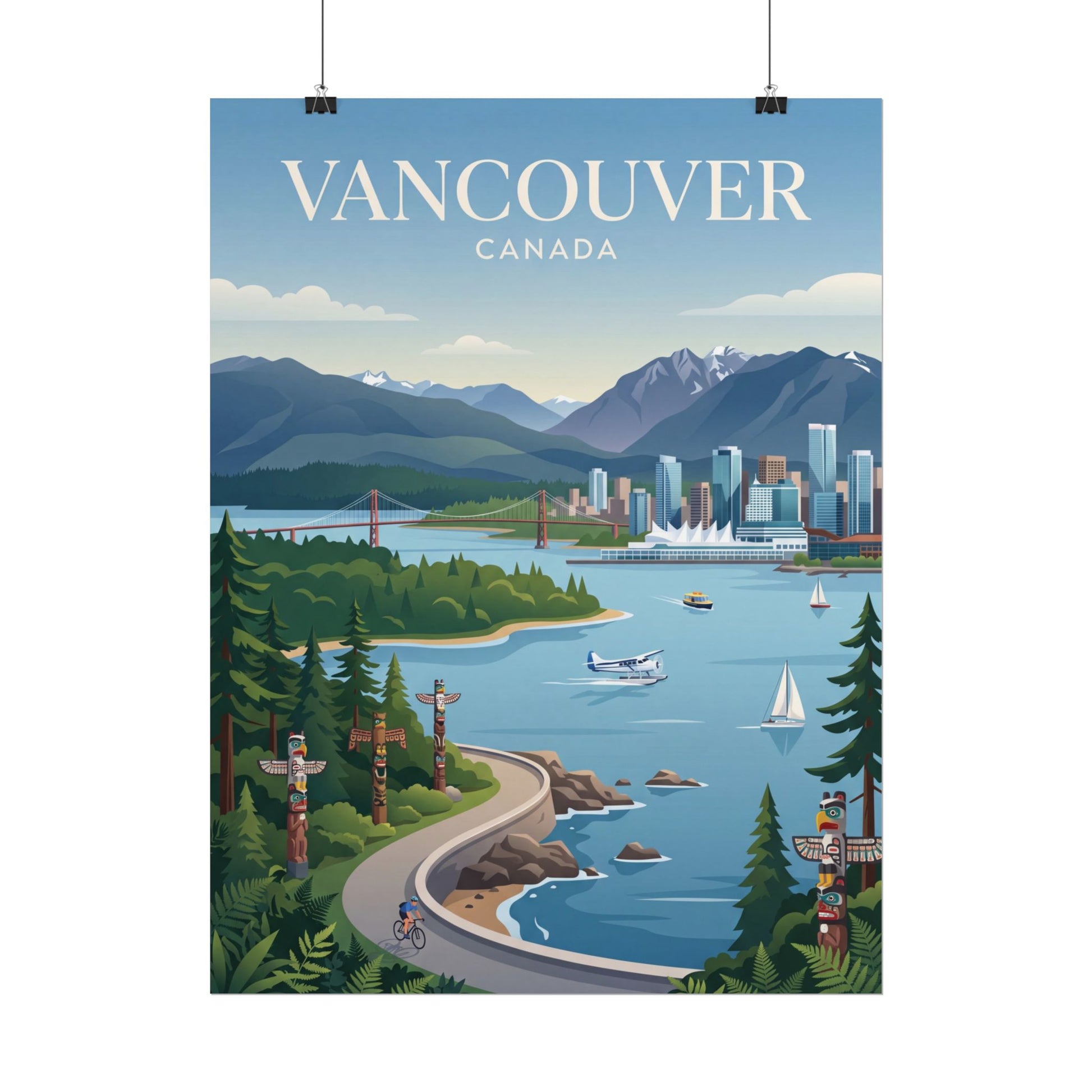 Hanging Vancouver Canada poster with city skyline, bay water, boats, and evergreens