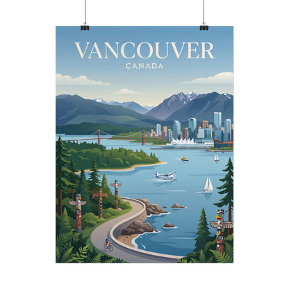 Hanging Vancouver Canada poster with city skyline, bay water, boats, and evergreens
