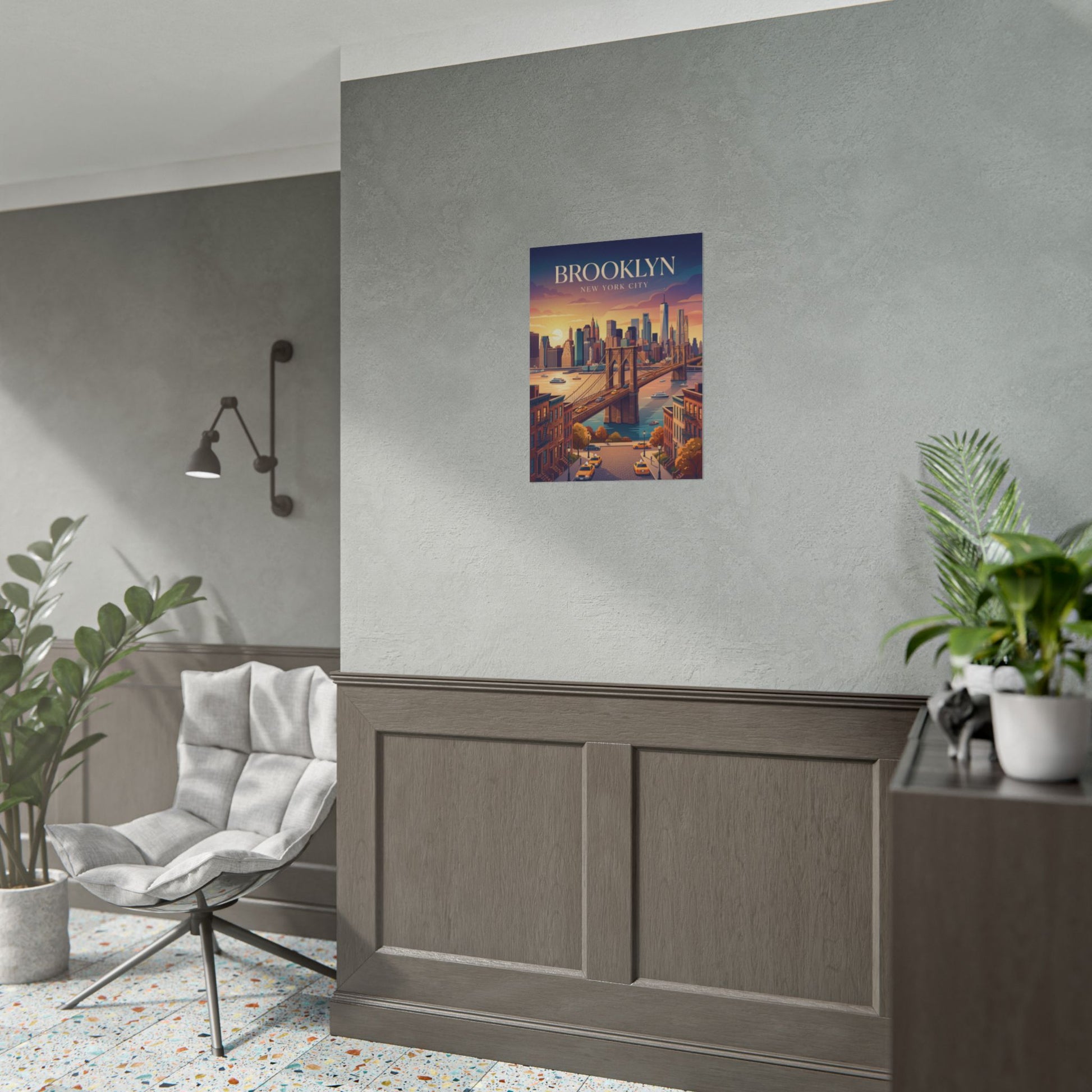 Rolled poster on wall with Brooklyn sunset skyline bridge and 'Brooklyn' lettering