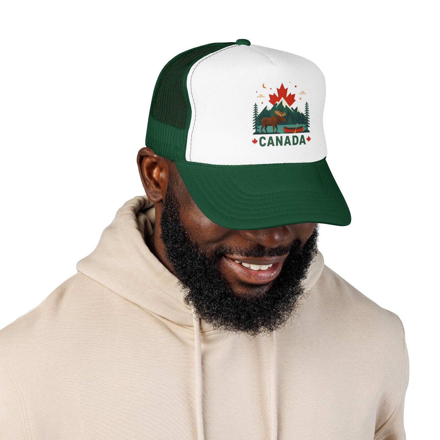 Dark green trucker hat with white front panel, mesh sides, and Canada emblem patch