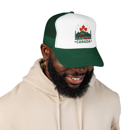 Dark green trucker hat with white front panel, mesh sides, and Canada emblem patch