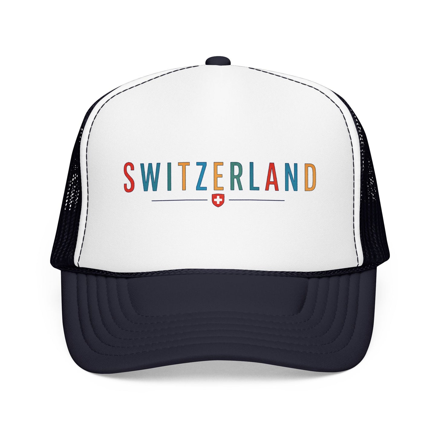 Foam trucker cap with Switzerland logo, white front and black mesh back