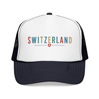 Foam trucker cap with Switzerland logo, white front and black mesh back