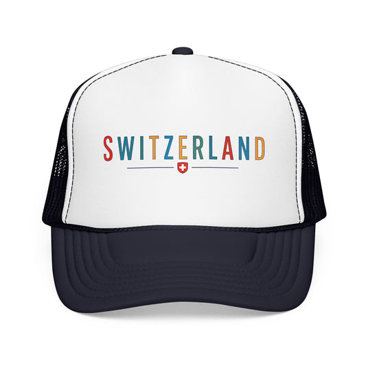 Foam trucker cap with Switzerland logo, white front and black mesh back