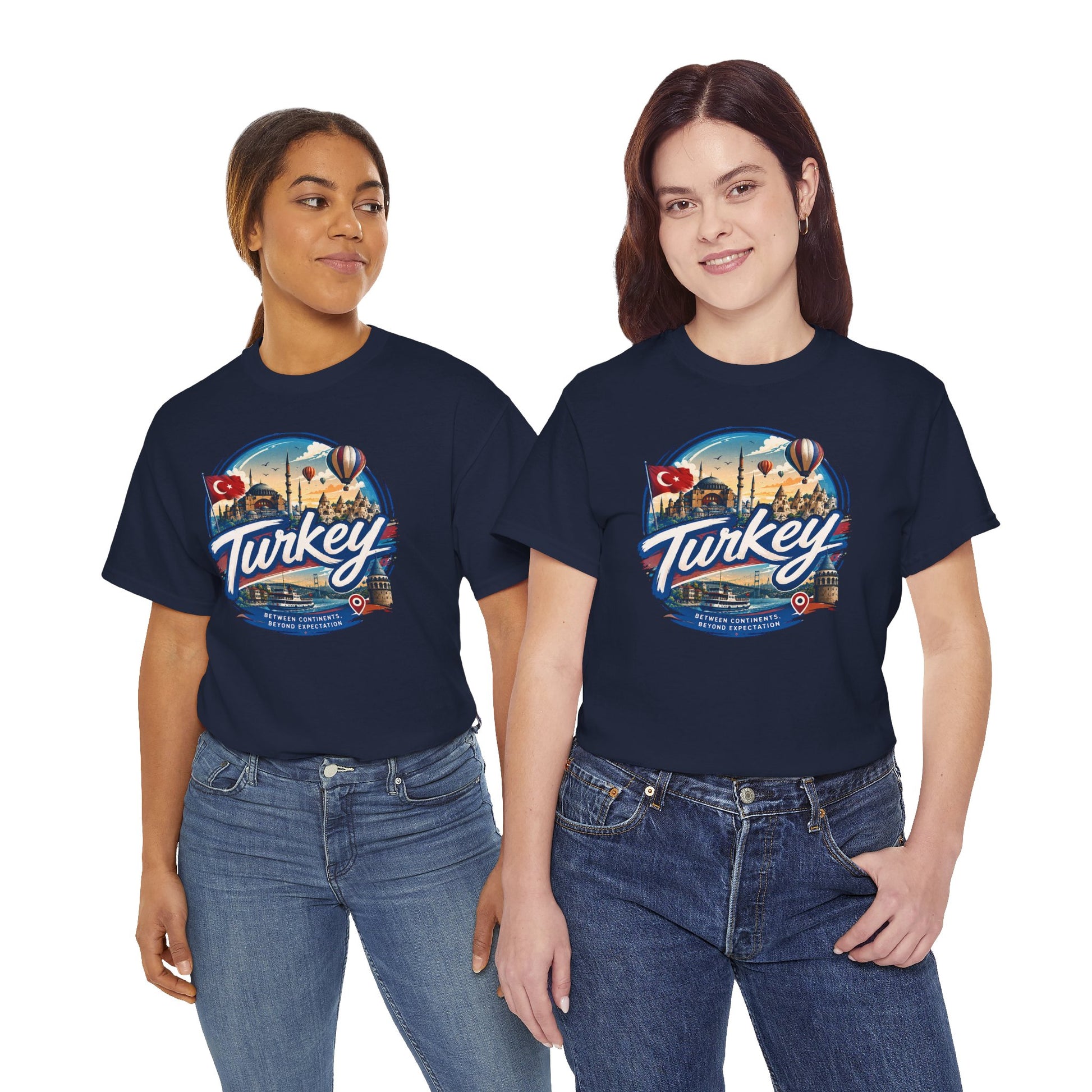 Navy crewneck T-shirt with circular Turkey graphic, worn by female models