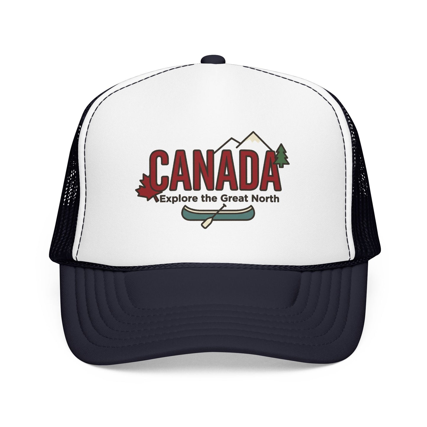White and dark navy foam trucker hat with Canada graphic front.