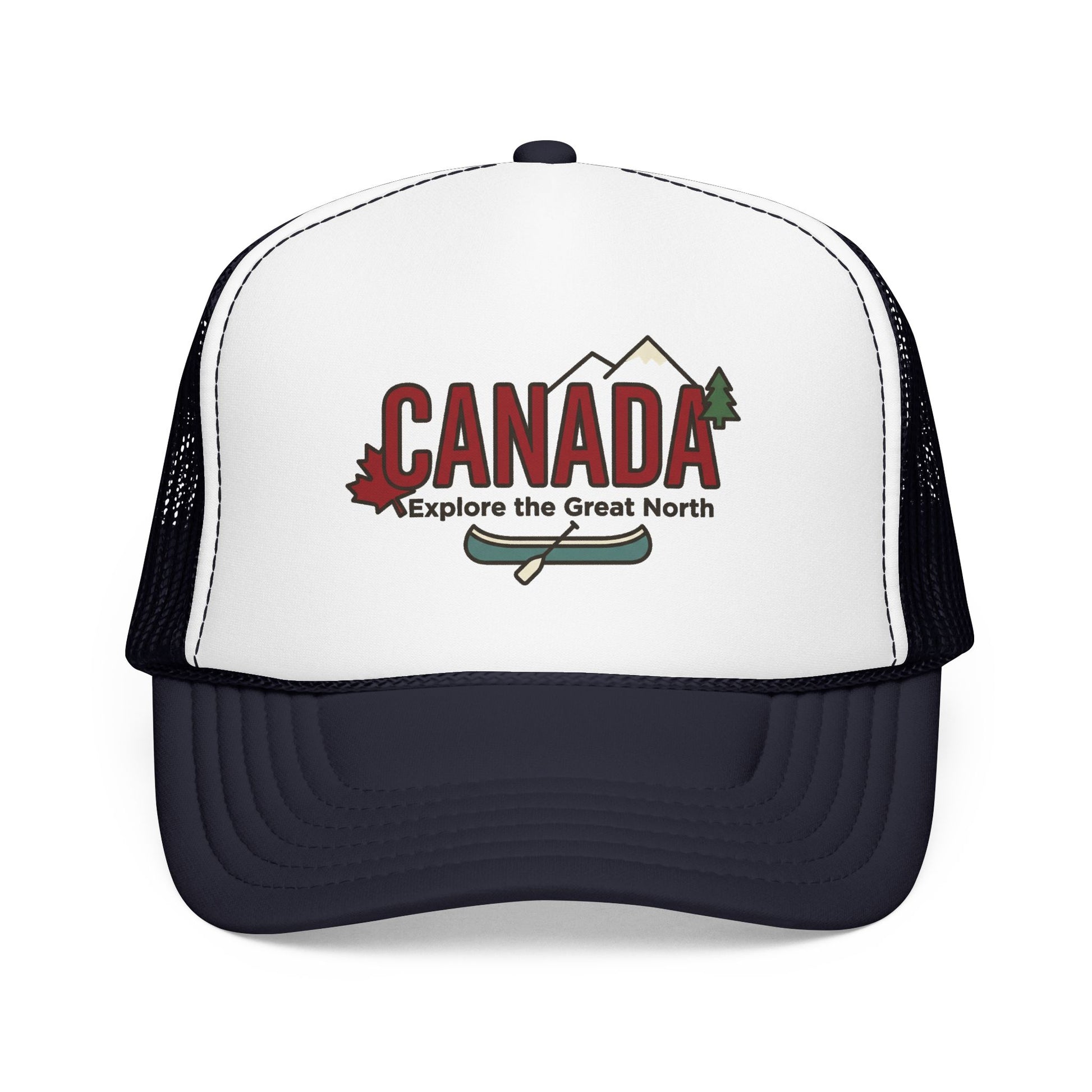 White and dark navy foam trucker hat with Canada graphic front.