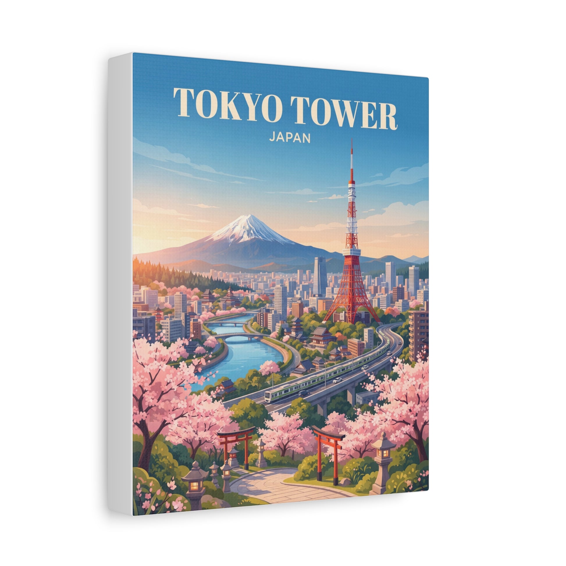 Matte canvas print featuring Tokyo Tower, Mt. Fuji, cherry blossoms, and skyline streets.