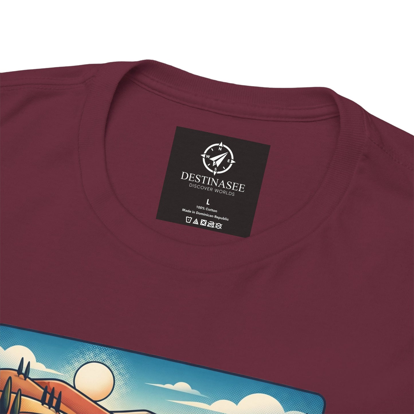Maroon T-shirt neck label with small logo and partial colorful graphic