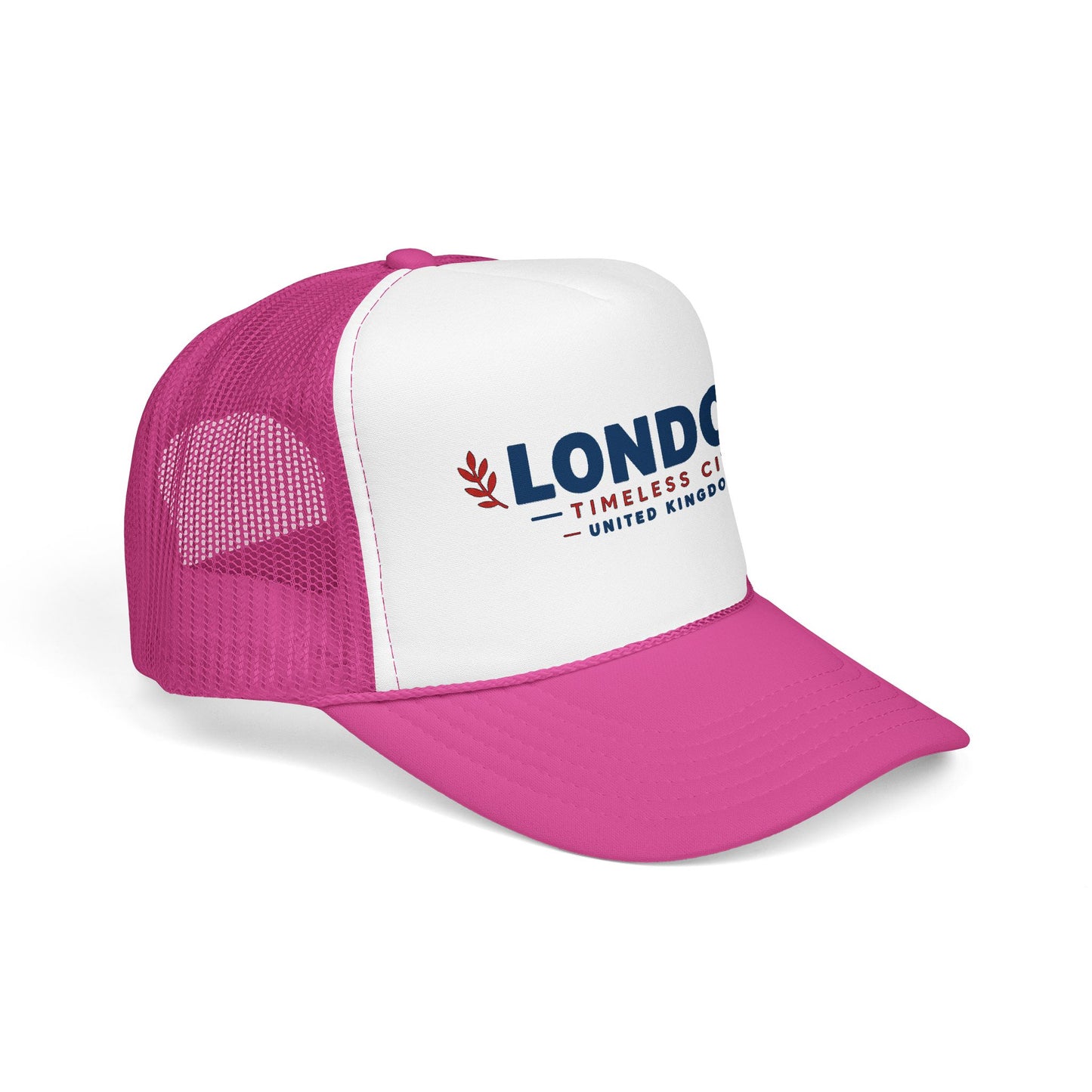 Pink-and-white trucker hat with white front panel, pink mesh sides, LONDON logo