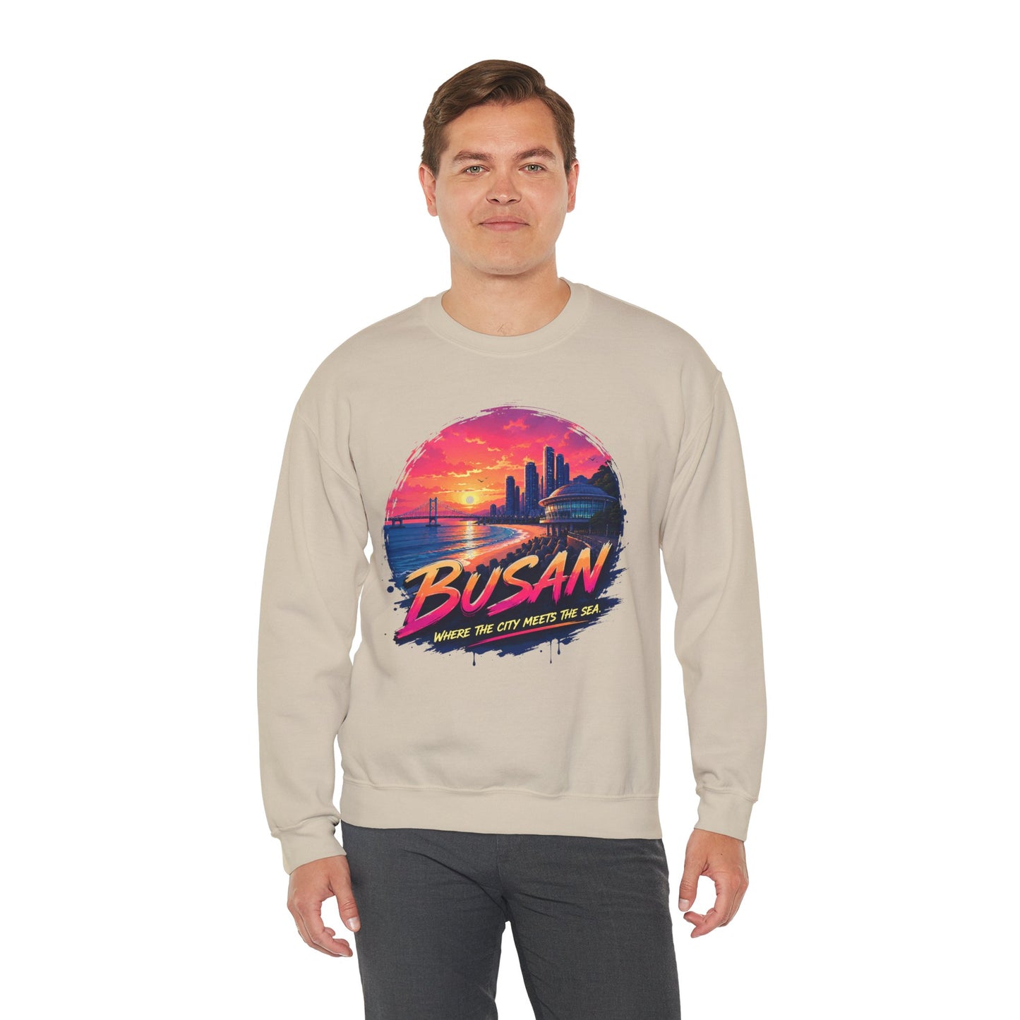 Light beige crewneck sweatshirt with Busan sunrise city graphic on the chest.