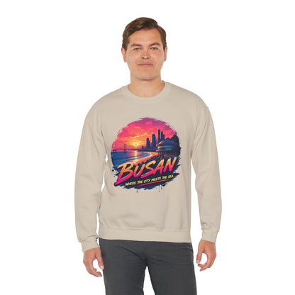 Light beige crewneck sweatshirt with Busan sunrise city graphic on the chest.