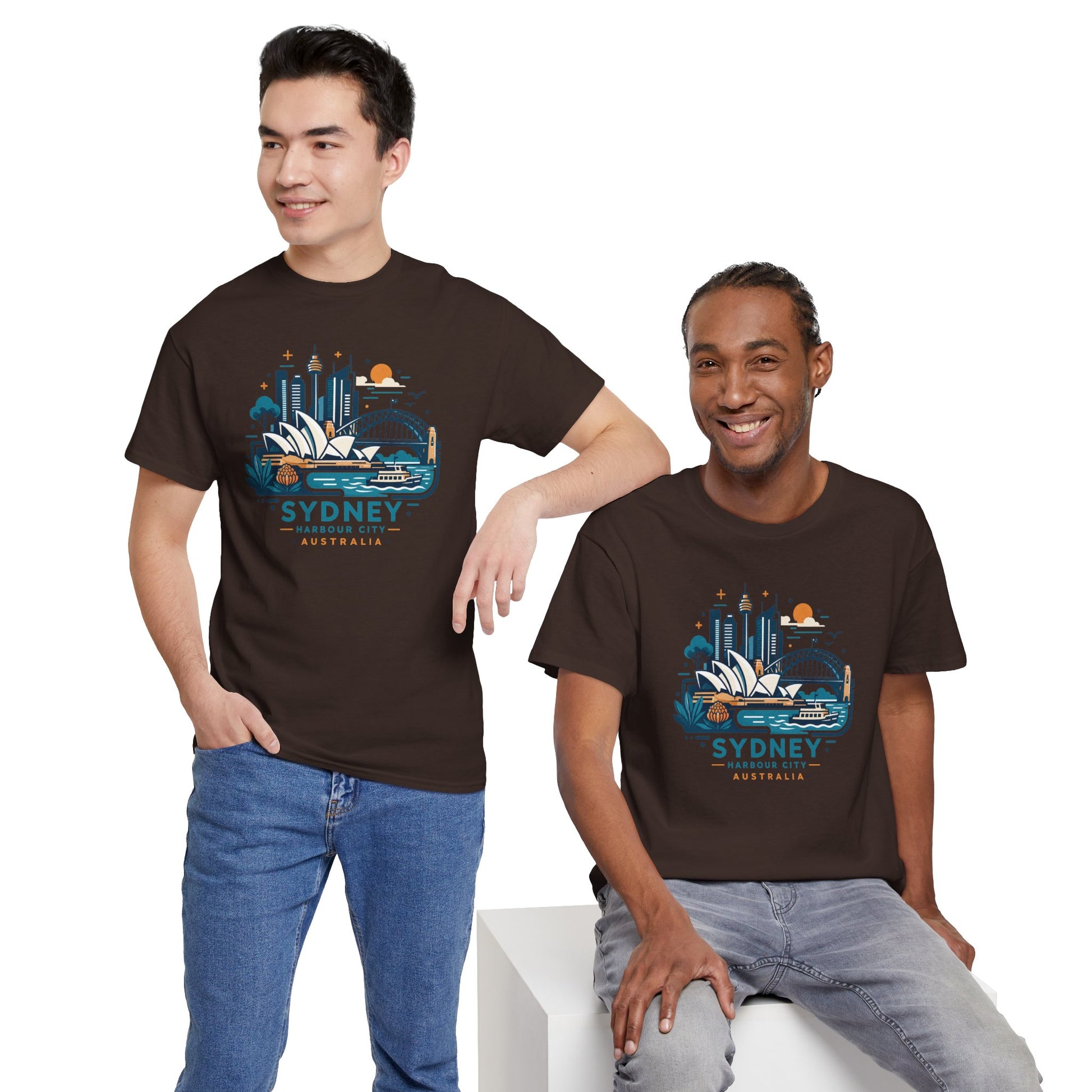 Dark brown crew-neck T-shirt with Sydney cityscape front graphic and short sleeves.