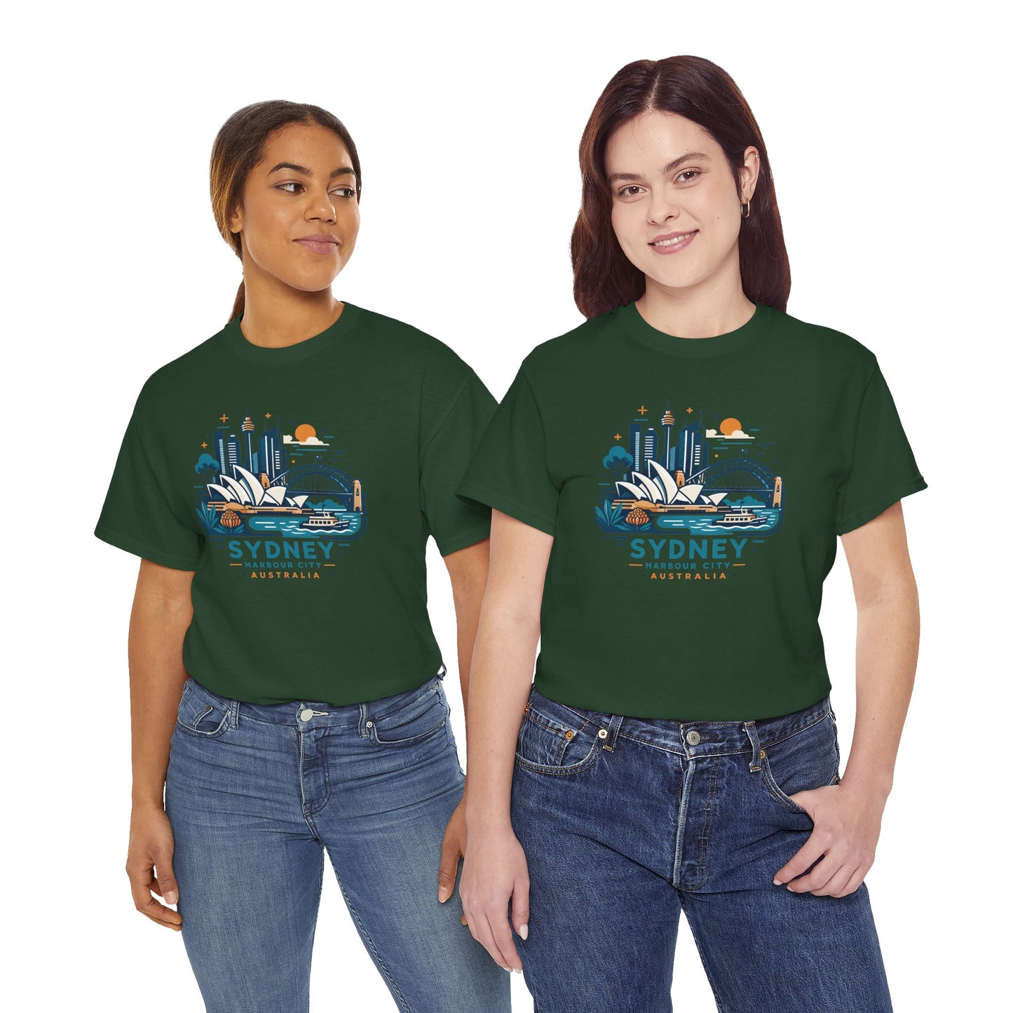 Dark green Sydney cityscape graphic T-shirt with crew neck and short sleeves