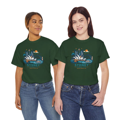 Dark green Sydney cityscape graphic T-shirt with crew neck and short sleeves