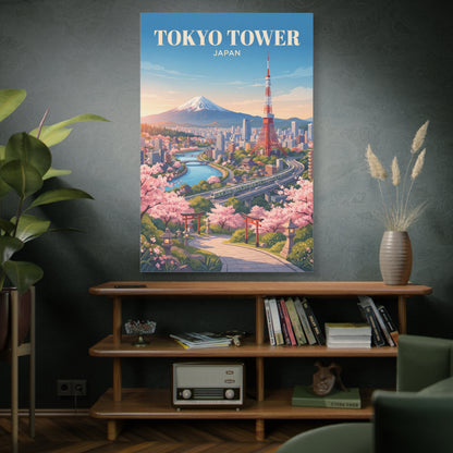 Matte canvas print of Tokyo Tower, cherry blossoms, and a city river with bridges.