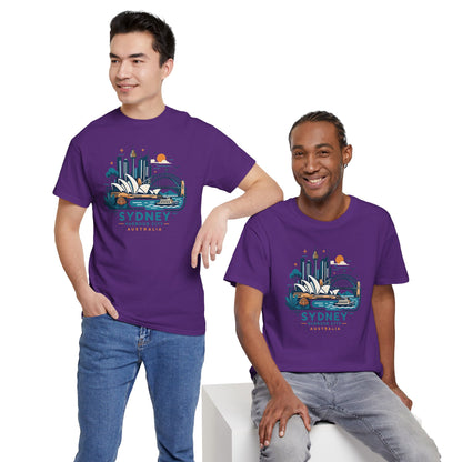 Purple Sydney cityscape graphic T-shirt with crew neck and short sleeves