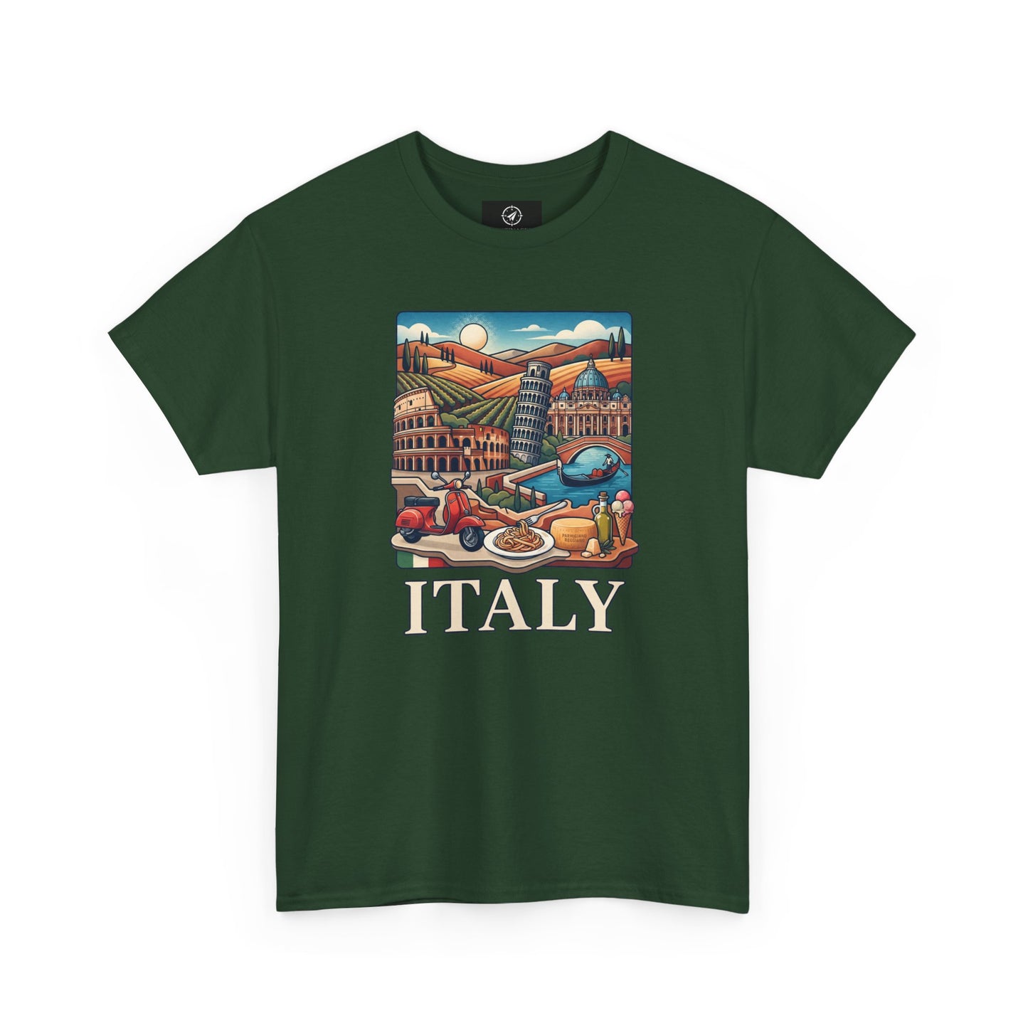 Dark green crew-neck t-shirt with colorful Italy graphic and “ITALY” text