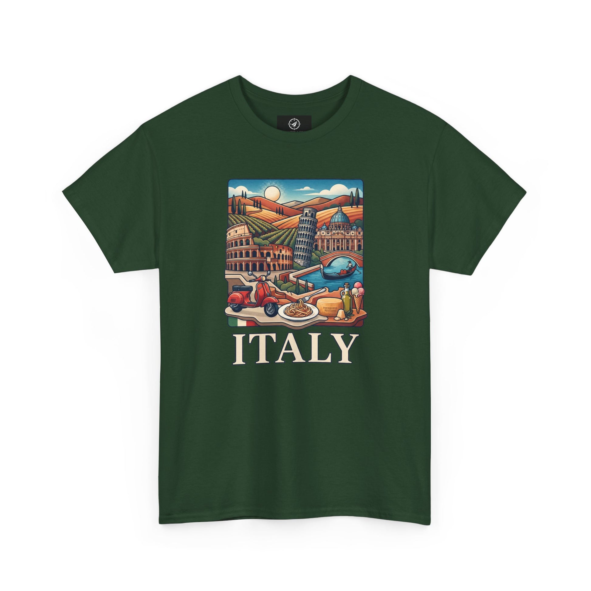 Dark green crew-neck t-shirt with colorful Italy graphic and “ITALY” text