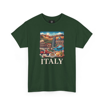 Dark green crew-neck t-shirt with colorful Italy graphic and “ITALY” text
