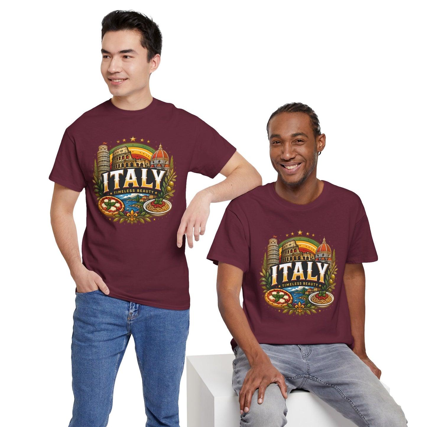 Maroon crewneck T-shirt with vintage Italy emblem graphic on the chest