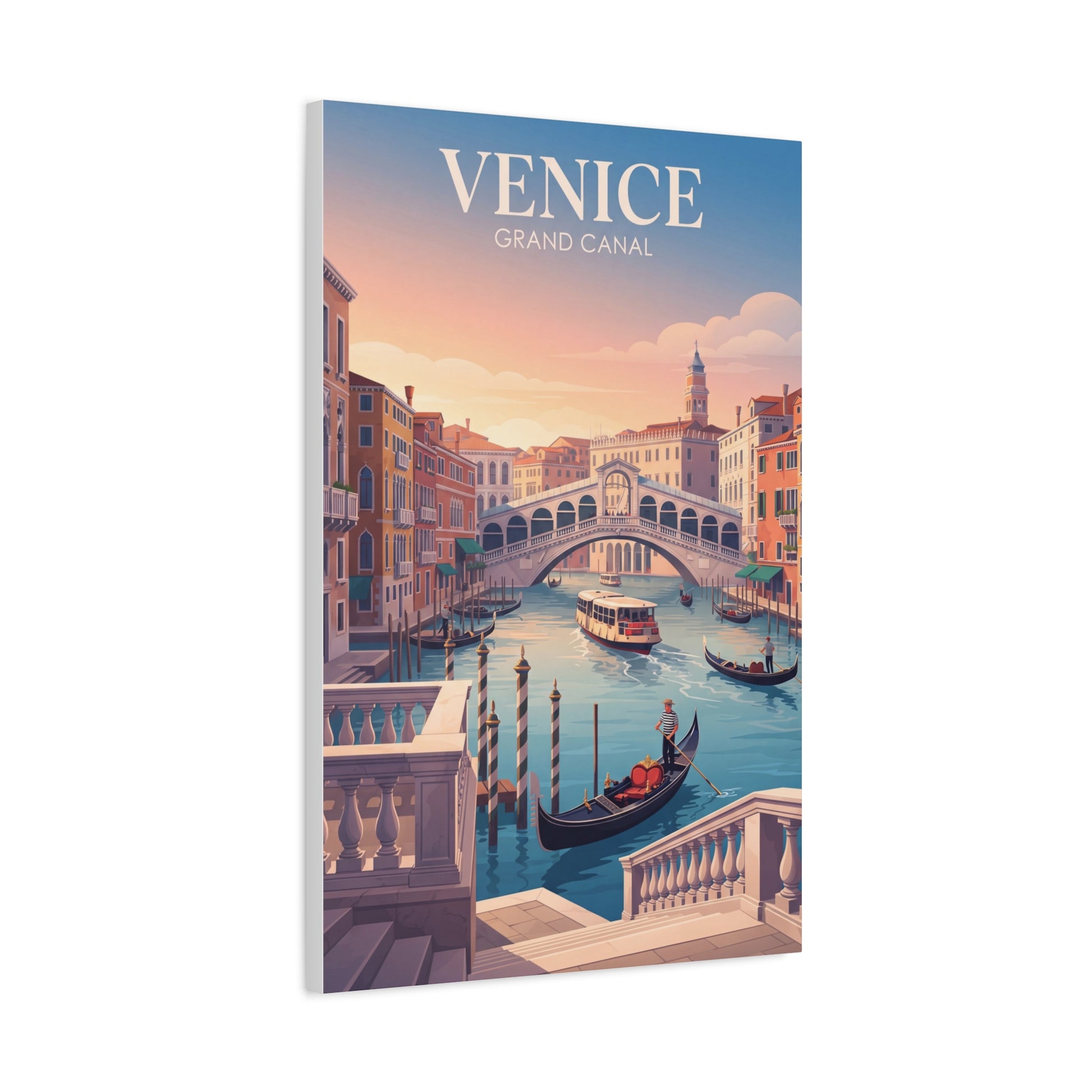 Venice canal matte canvas print with gondolas, arched bridge, and skyline