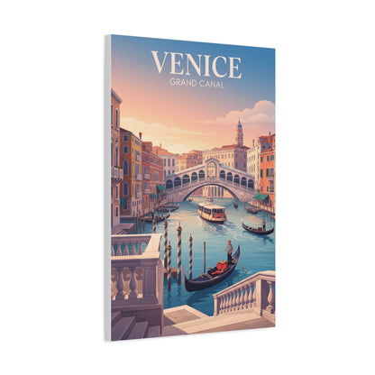 Venice canal matte canvas print with gondolas, arched bridge, and skyline